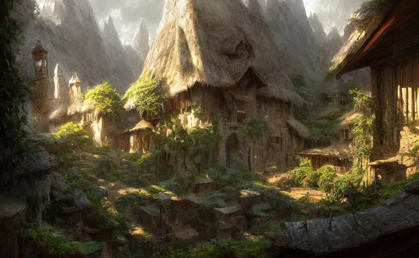 Image similar to painting of a series of opposing living quarters overlooking communal area carved into a mountain, lush garden with hot spring between, cozy bed, well maintained, clean, medieval, fantasy genre, natural light, fantasy, natural light, concept art, by greg rutkowski and craig mullins, cozy atmospheric and cinematic lighting, trending on artstation