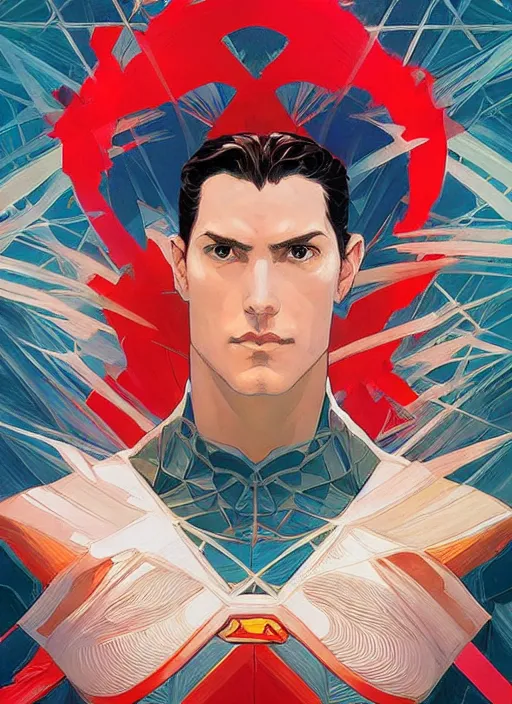 Image similar to symmetry! portrait of superman, red spike aura in motion, floating pieces, painted art by tsuyoshi nagano, greg rutkowski, artgerm, alphonse mucha, spike painting