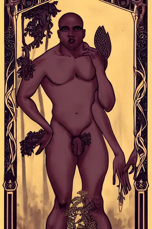 Prompt: a tarot card of a dark-skinned male forest nymph, homoerotic, art nouveau, art deco, trending on artstation