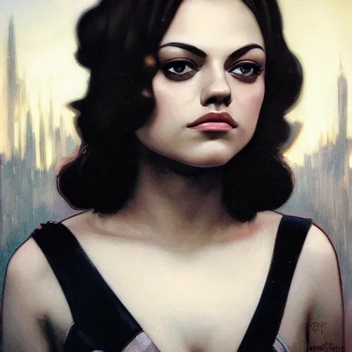 Image similar to a closeup portrait of a young mila kunis, 1 9 2 0 s, femme fatale, detective thriller, gorgeous view, night, film noir, eerie, high detail, sharp, masterpiece by artgerm and greg rutkowski and alphonse mucha, digital art, trending on artstation