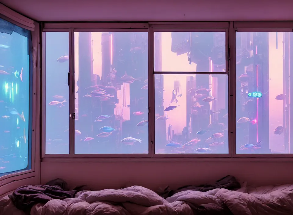 Image similar to telephoto 7 0 mm f / 2. 8 iso 2 0 0 photograph depicting the feeling of insomnia in a cosy cluttered french sci - fi ( art nouveau ) pale cyberpunk apartment in a pastel dreamstate art cinema style. ( aquarium, computer screens, window ( city ), led indicator, lamp ( ( ( gym ) ) ) ), ambient light.