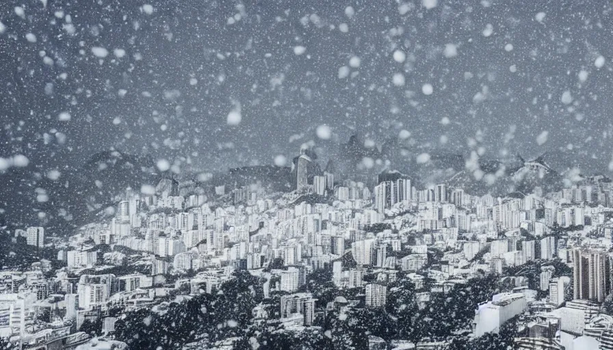 Prompt: the city of rio de janeiro covered in snow, winter photograph, snowing, view from copacabana beach, 4 k, award winning photograph, beautiful, trending on instagram