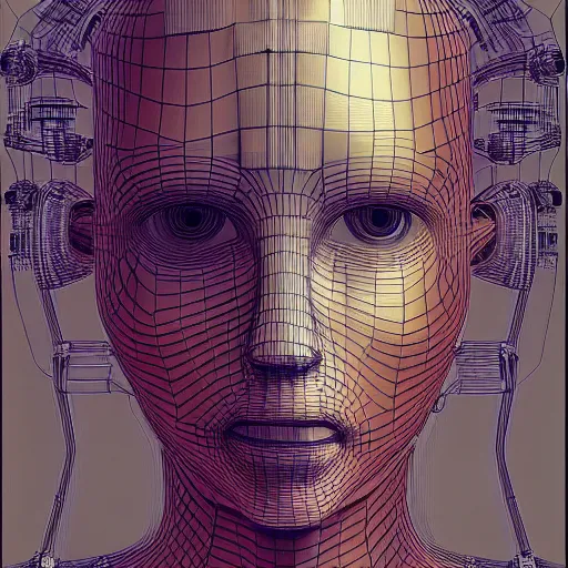 Prompt: human 3 d by pantokrator, beautiful sexy woman head made of mech mask rendered in unreal engine, biotechnology, cyberpunk, dark, scifi, cooper wires and cyberntic vessels coming from core processor, contrast, painted by david burliuk | bernard buffet | carne griffiths | stanislaw lem