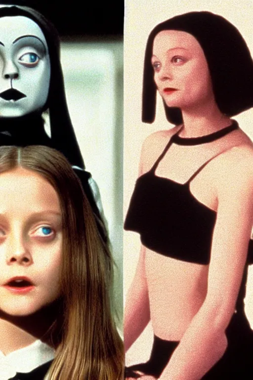 Image similar to Young Jodie Foster as Wednesday in The Addams Family movie 1991, iconic black dress, color