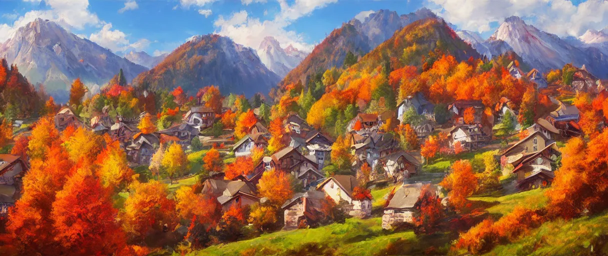 Prompt: a puritan alpine village in the fall, hollywood hills, painting, unique artstation artist, vibrant colors,