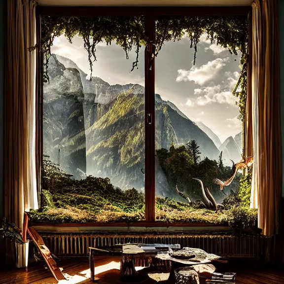 Prompt: fantastical living room with switzerland landscape in the window, beautiful dramatic lighting, overgrown with funghi, style by peter deligdisch, peterdraws