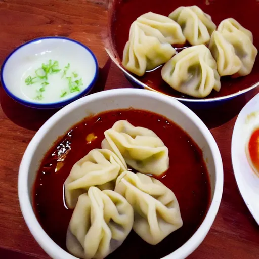 Image similar to delicious dumplings with chili sauce made by hayao miyazaki!!