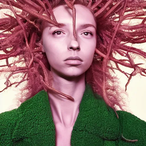 Prompt: flume and former cover art future bass girl un wrapped statue bust curls of hair petite lush body photography model body art futuristic branches material style of Jonathan Zawada, Thisset colours