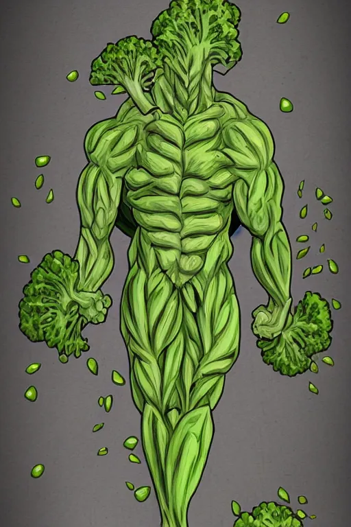 Image similar to ripped broccoli man, full body, human figure, highly detailed, digital art, sharp focus, trending on art station, anime art style