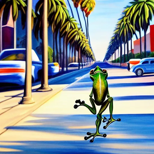 Image similar to painting of a bipedal frog walking away from the camera, down a busy street in los angeles, street vendors, palm trees,