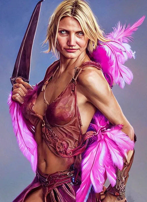 Image similar to serious looking Cameron Diaz as a ruggedly handsome heroine wearing pink feathers and wielding a glowing bow, intricate, elegant, tasteful, highly detailed, centered, digital painting, artstation, concept art, smooth, sharp focus, illustration, art by artgerm and donato giancola and Joseph Christian Leyendecker, WLOP