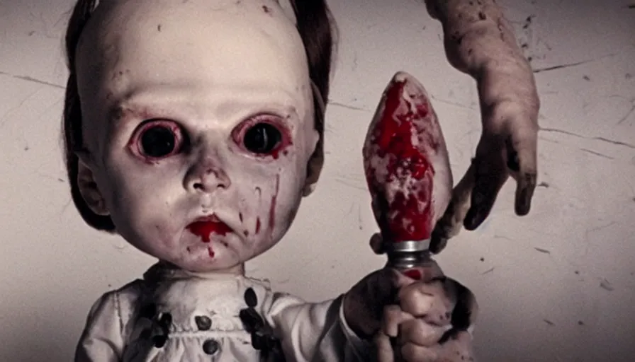 Prompt: big budget horror movie about an evil killer doll holding a bloody straight razor