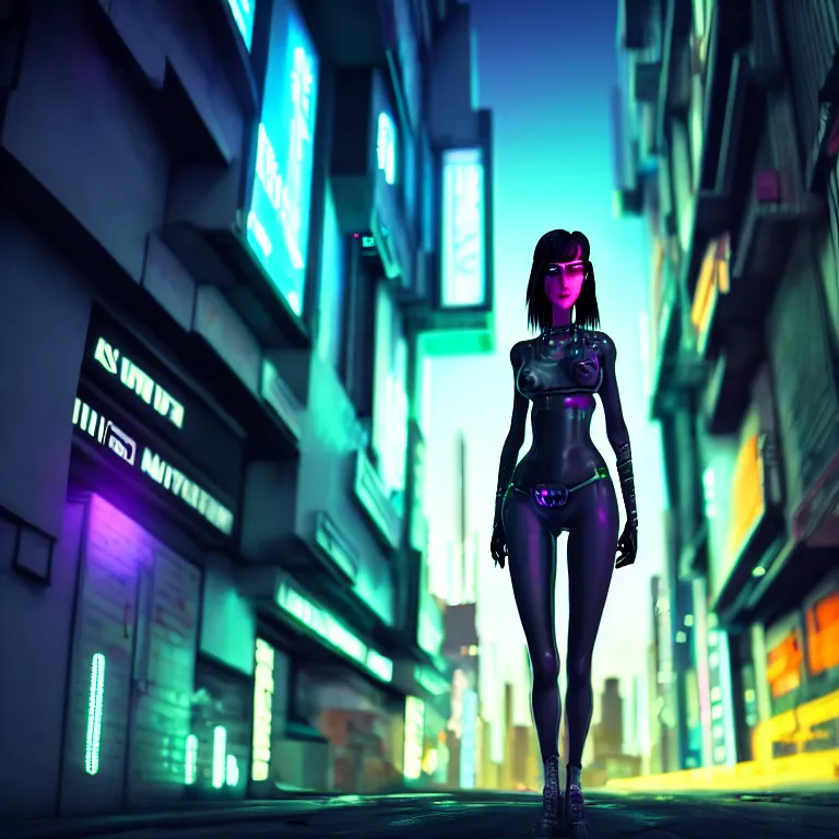 Prompt: cyberpunk girl in a cyberpunk street, night, cinematic lighting, very detailed