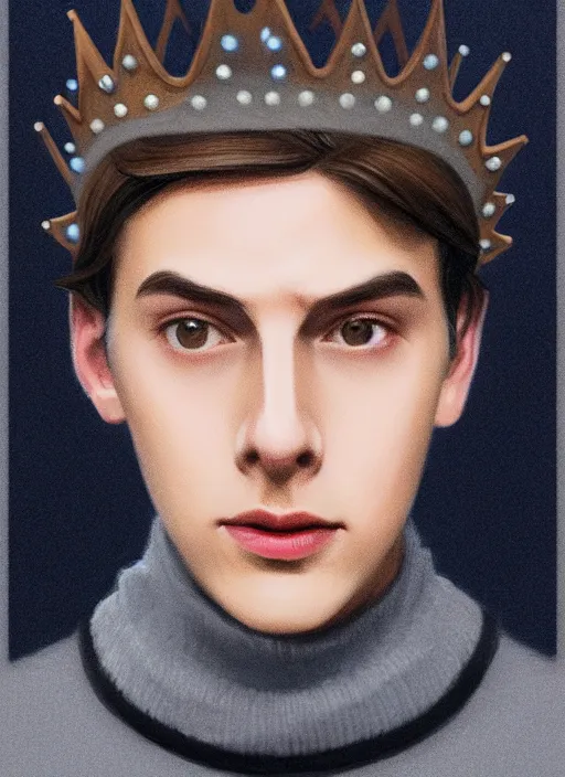 Image similar to portrait of teenage jughead jones wearing a light grey crown, crown, blue turtleneck, 1 9 5 0 s, closed eyes, photorealistic, black hair, glowing lighting, intricate, elegant, glowing lights, highly detailed, digital painting, artstation, concept art, smooth, sharp focus, illustration, art by wlop, mars ravelo and greg rutkowski