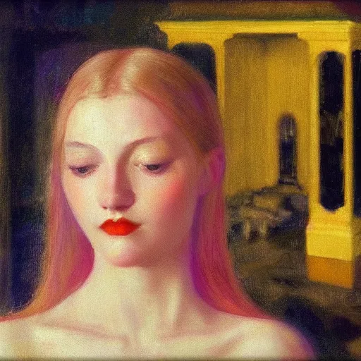 Image similar to a beautiful girl's face made of ivory and gold filigree, film still by edward hopper, by Bosch, by klimt, art noveau, highly detailed, very ornate, strong lights, liminal, eerie, Bright pastel colors, octane render, 8k