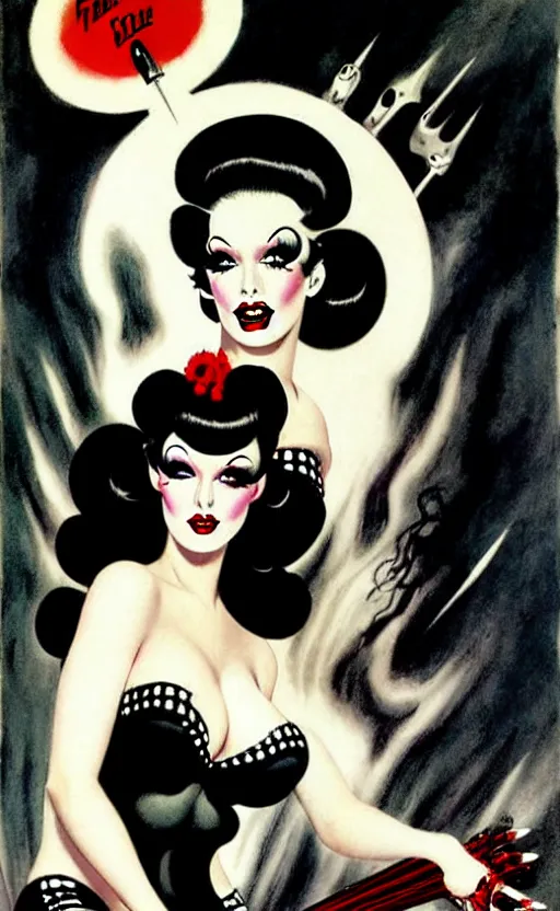 Prompt: burlesque psychobilly, rockabilly, punk, goth girl with a detailed face and black hair, white background, illustration by frank frazetta