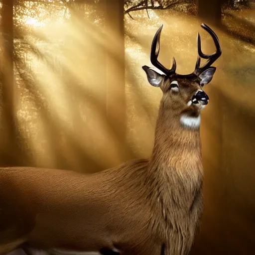 Prompt: a great deer standing majestic in a large industrial room with small windows, golden light, thick mist effect, backlit, insane details, hyperrealistic photo by jimmy nelson, trending on artstation, unreal engine