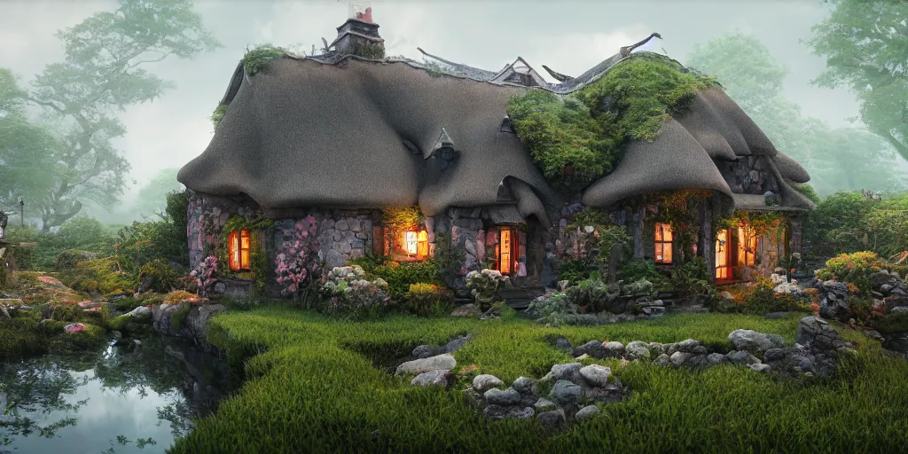 Prompt: Enchanted Irish cottage in a Bonsai garden, richly colored ominous fantasy by Tang Sin Yun, featured on artstation, 3D, digital art, insanely detailed, octane render, unreal engine