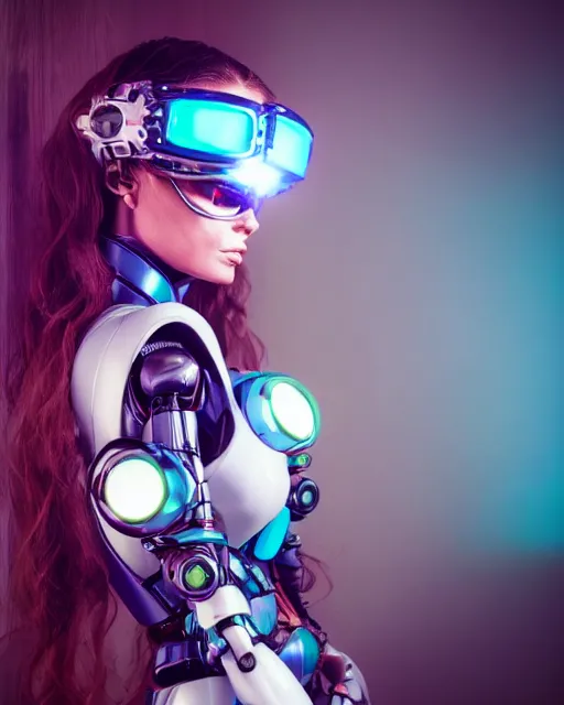 Prompt: centered portrait of flirtatious young carmen electra as a solarpunk mecha humanoid robotic parts wearing goggles with bright turquoise lights, real human face, pudica pose bouguereau style, inside white room, ultra - realistic and intricate, soft portrait shot 8 k