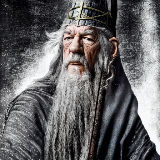 Image similar to the evil ian mckellen smithing on an anvil as gandalf in a dark viking hood playing odin all father crafting a neural network with golden synapses on an anvil with fire, highly detailed, cinematic shot, cinematic lighting, 8 k, exquisit facial detail