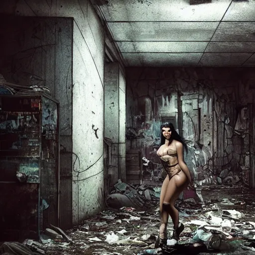 Prompt: kim kardashian in a derelict apartment, grungy, graffiti, trash, translucent, establishing action shot, ultra detailed, sad face, attire: underwear, trending on artstation, concept art, intricate details, 8k detail, post processing, hyperealistic, smoke, octane rend, led lights, full person perspective, dark, creepy,