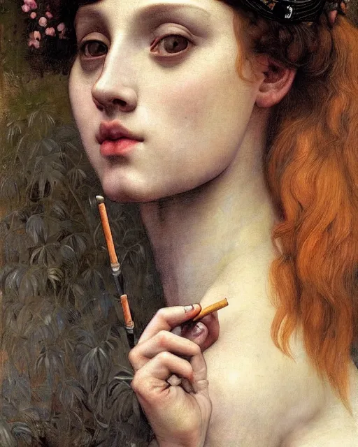 Prompt: a beautiful village girl with tattoos smoking a cigarette, by edgar maxence and caravaggio and michael whelan and delacroix style, artistic, intricate drawing, light brazen, realistic fantasy, extremely detailed and beautiful aesthetic face, establishing shot, 8 k resolution, dramatic lighting
