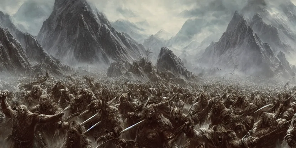 Image similar to A large group of Orcs from the Misty Mountains attacking the army of Aragorn, detailed matte painting, cinematic, Alan Lee, Artstation