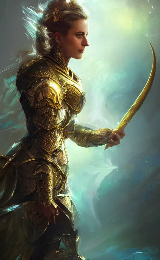 Prompt: the great beyond, beautiful woman in knights armor, sharp focus, intricate, elegant, digital painting, artstation, matte, highly detailed, concept art, illustration, volumetric lighting, gold and blue and pink color scheme, bokeh light, art by greg olsen and liz lemon swindle