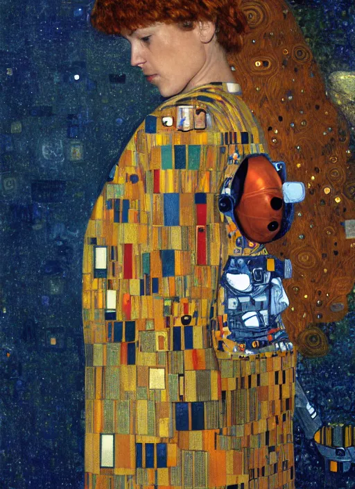 Image similar to woman astronaut in profile, holding a sword, painting by gustav klimt, detailed, ambient lighting, photo realistic, 8 k