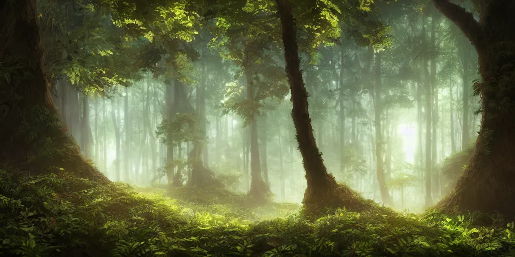 Image similar to a forest, cinematic angle, studio Ghibli, volumetric lighting, beautiful composition, intricate, elegant, digital art, detailed, oil painting, hyperrealistic, sharp focus, 8k