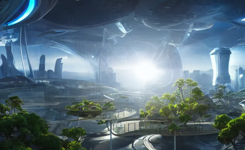 Prompt: A futuristic city with plants growing and ships are flying in the air. daylight. sunlight. lens flare. light fixtures. 8K. detailed. photorealism. artstation. 25mm f/1.7 ASPH Lens. ultra realistic