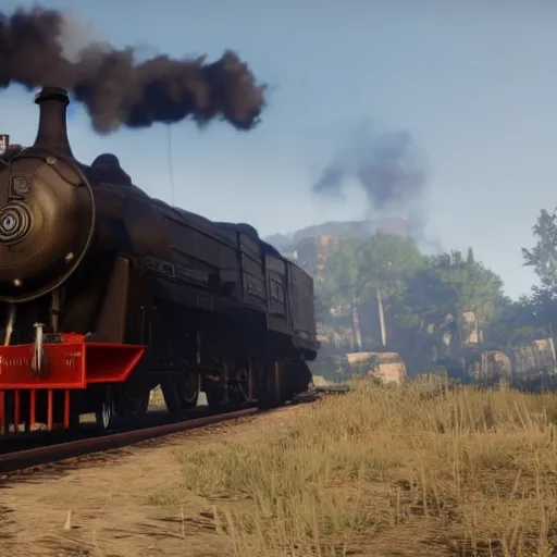 Image similar to futuristic sleek steam locomotive in red dead redemption 2