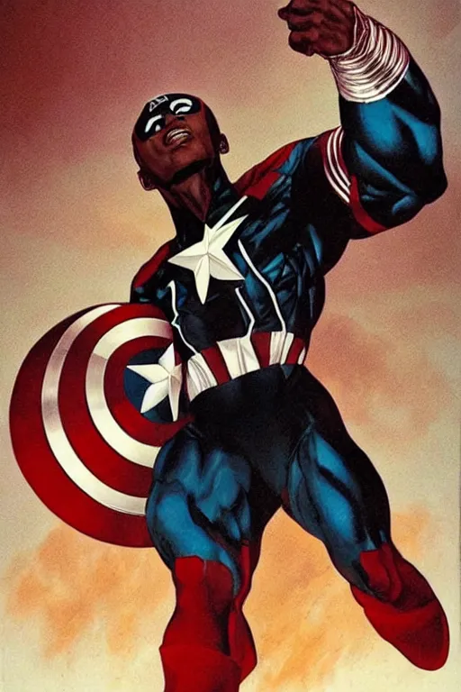 Image similar to black captain America. concept art by James Gurney and Mœbius.