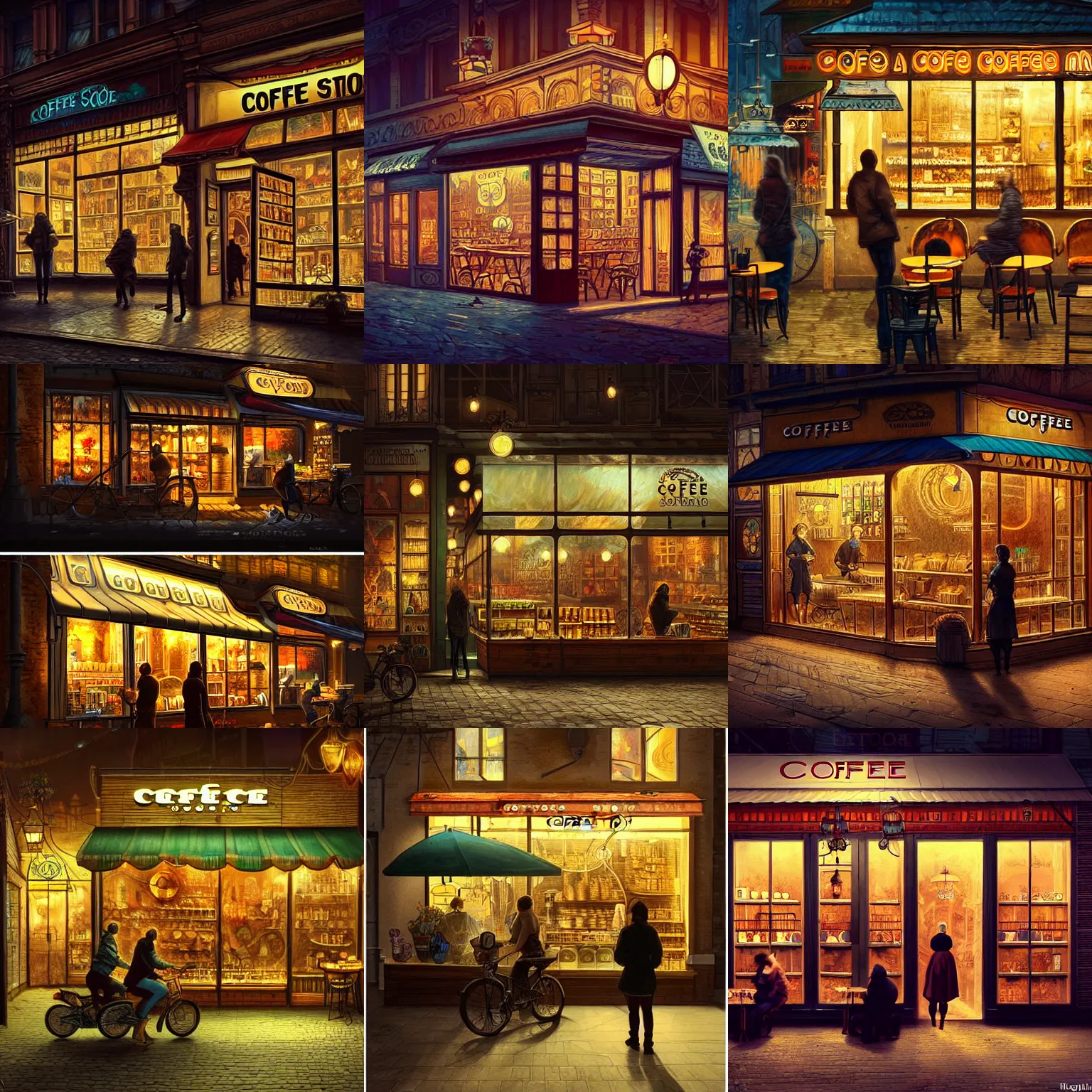 Prompt: a coffee shop store in The City of Ukraine at night with a few customers, extreme plus resolution fantasy concept art, intricate details to everything visible, sharp lighting, Dramatic light by denis villeneuve, strong emphasis on alphonse mucha, Makoto Shinkai