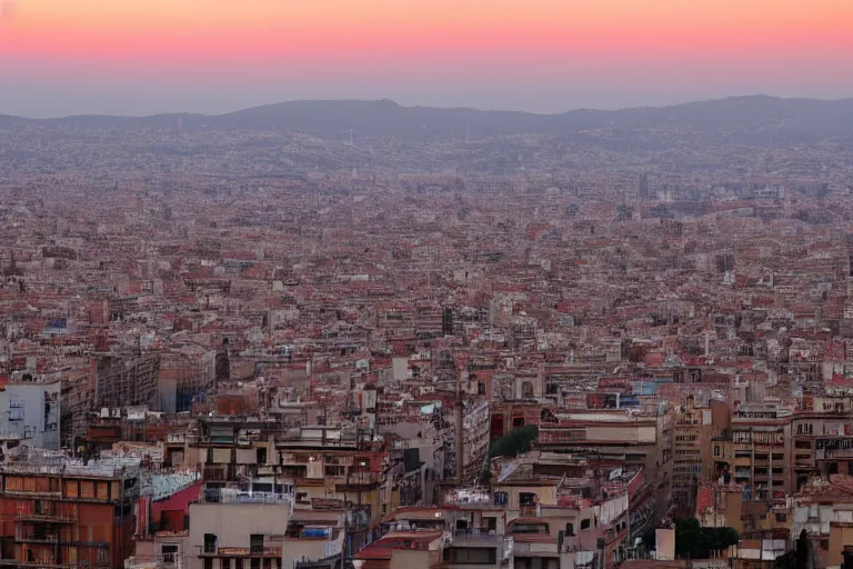 Image similar to views of catastrophic barcelona covered with water and refugees in buildings, global warming, sunset lighting, photo real