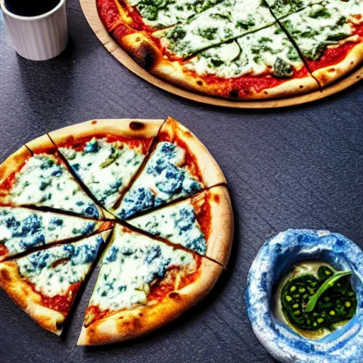 Image similar to a pizza with blue sauce and green cheese