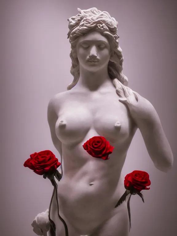 Image similar to portrait art venus of milo sculpture made of white marble, concept art, red roses exploding from her heart, volumetric lighting, hyperrealistic, focused, extreme details, masterpiece, fine details