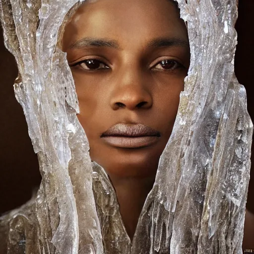 Prompt: full shot of a regal brown - skinned woman wearing an intricate armor made of many layers of ice. no makeup!! freckles!! haunting eyes. vulnerable. fragile. ethereal. elaborate. ice caves. glaciers. refracted light. extremely soft lighting. textures. delicate. translucent. by ray cesar. by louise dahl - wolfe. by andrea kowch. surreal photography.