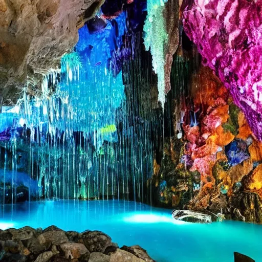 Prompt: a cave full of sparkly colorful crystals and waterfalls,