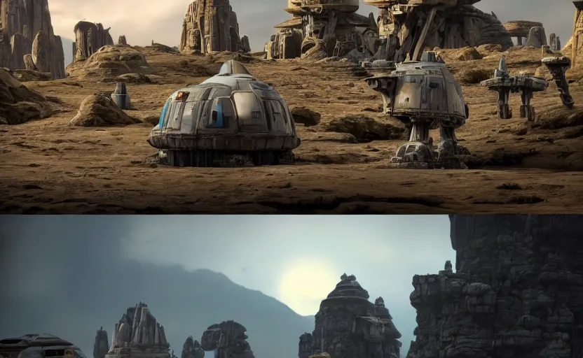 Prompt: still image screenshot floating boulder planet, castles floating in mid air, jedi temples from the tv show mandalorian on disney +, scene in front of a strange building, moody mining planet, at - at imperial walkers, invading kashyyyk, anamorphic lens, 3 5 mm film kodak