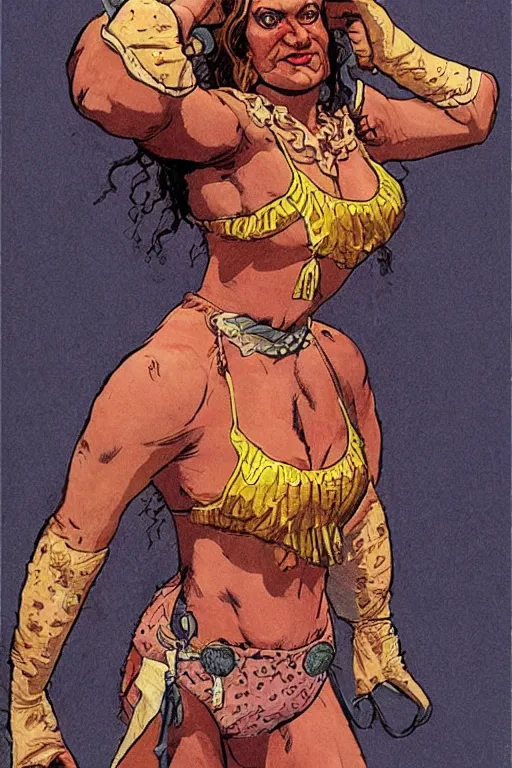 Prompt: sasha. Smug old west circus wrestler. concept art by James Gurney and Mœbius.