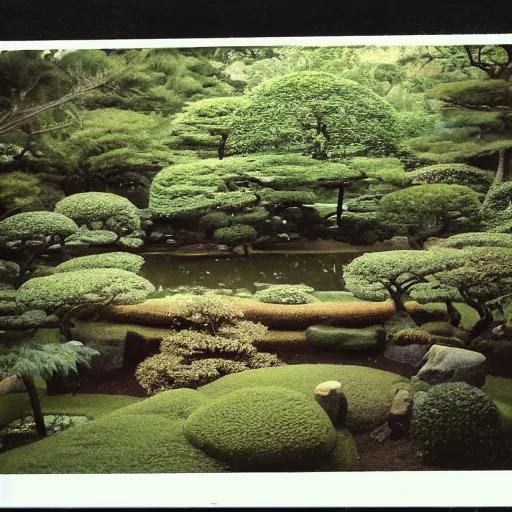 Image similar to polaroid photo of an japanese garden taken at night with flash, grainy