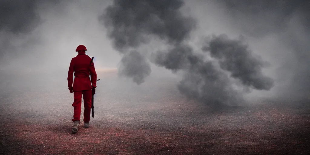 Image similar to a lone soldier walking from behind, cyan and red background, smoke