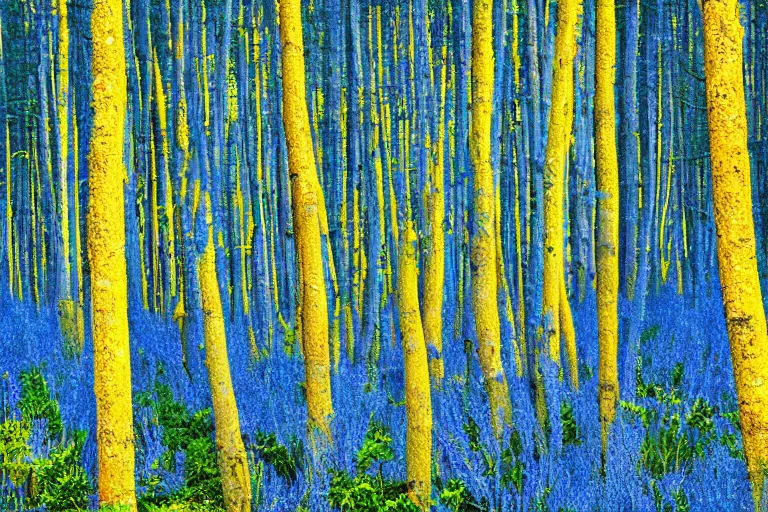 Prompt: forest of blue spaghetti under a yellow sky