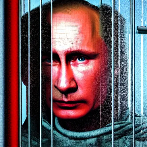 Prompt: Vladimir Putin in prison behind bars, crying, dirty, sad, ugly, cinematic lightning, octane render, 8k, realistic photo,