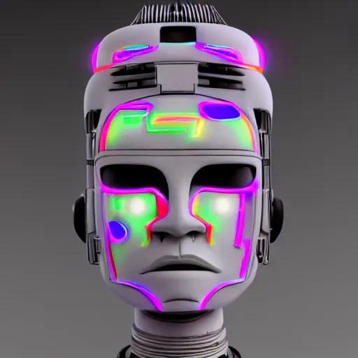 Prompt: claymodel of a cyberpunk aztec futurism robot head, 8 k, symetrical, flourescent colors, halluzinogenic, multicolored, black background