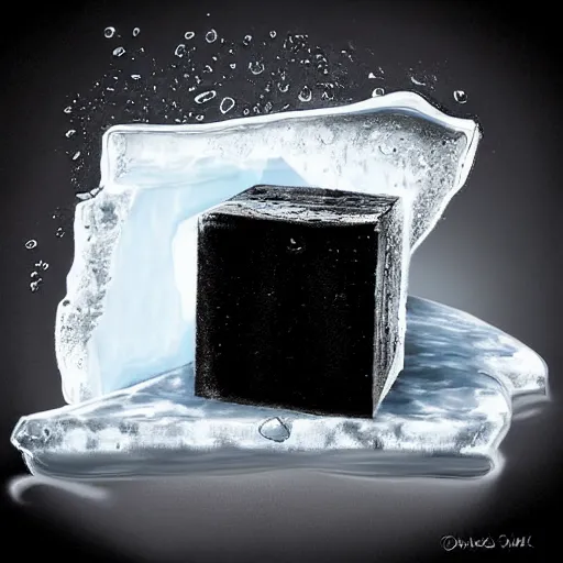 Prompt: realistic painting of an ice cube beginning to melt next to a lime wedge, black background