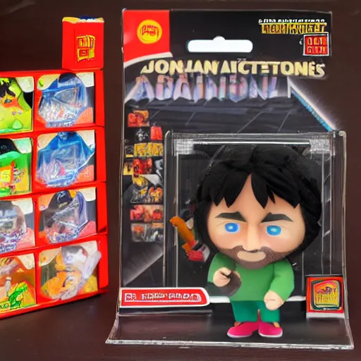 Image similar to Jontron action figure in its package, highly detailed product photo