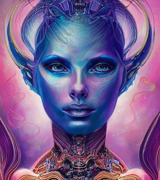 Prompt: portrait of the powerful queen of the solar system in the style of anna dittmann and in the style of wayne barlowe. glowing, ornate and intricate, stunning, dynamic lighting, intricate and detailed.