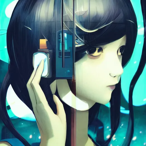 Image similar to Frequency indie album cover, luxury advertisement, white, indigo and teal colors. highly detailed post-cyberpunk sci-fi close-up schoolgirl in asian city in style of cytus and deemo, mysterious vibes, by Ilya Kuvshinov, by Greg Tocchini, nier:automata, set in half-life 2, beautiful with eerie vibes, very inspirational, very stylish, with gradients, surrealistic, postapocalyptic vibes, depth of filed, mist, rich cinematic atmosphere, perfect digital art, mystical journey in strange world, bastion game, arthouse